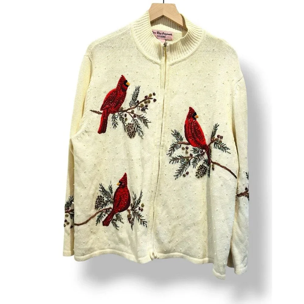 Vintage Cardinal Sweater Extra Large Beaded Sequin‎ Pearl Holiday Zipper Closure - Picture 2 of 15